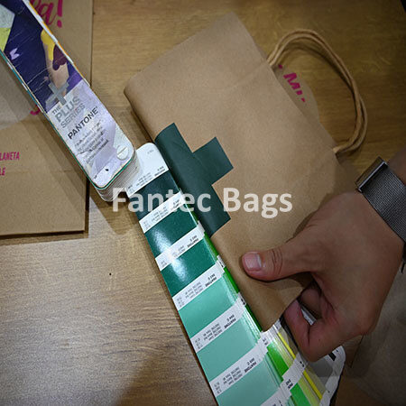 "Accurate Pantone shade check performed on kraft paper bags for packaging design consistency."