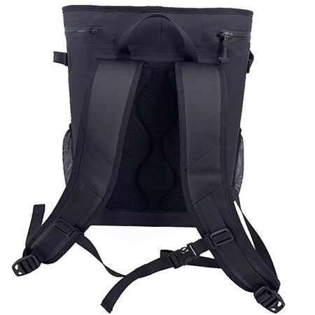 • Alt Text: "Black PVC backpack shown from back view with padded straps, mesh ventilation panel, and side pockets."