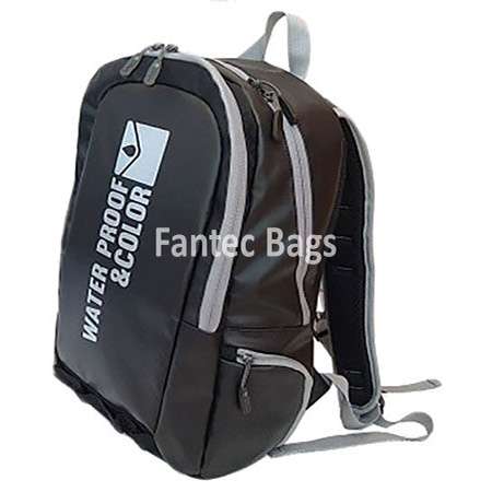 Black and grey PVC waterproof backpack with multiple compartments, padded straps, and durable zippers