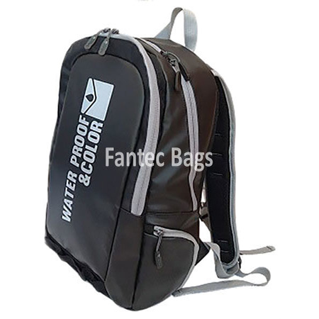 "Black PVC bag with waterproof finish and reinforced seams for reliable use."