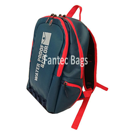 Blue and red waterproof backpack with side pockets, adjustable straps, and printed text “Water Proof & Color” on the front pocket