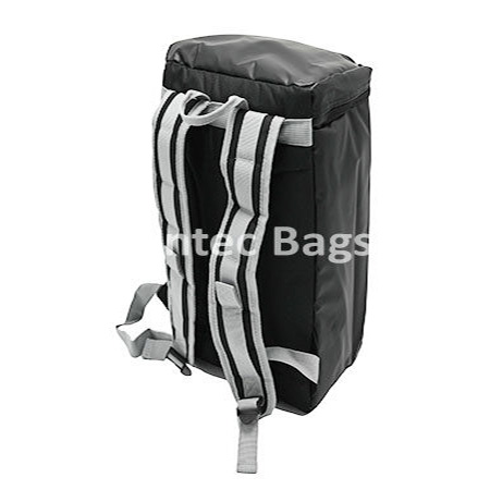 Black and grey insulated chiller ice backpack standing upright with padded straps and box like design