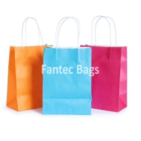 "Three colorful kraft paper shopping bags with white handles, designed for eco-friendly retail packaging."