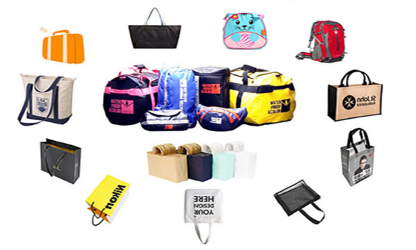 "Collage of FantecBags products including kraft paper bags, non woven, RPET, cotton tote, canvas, nylon, jute, backpacks, waterproof bags, labels, thermal paper, and packaging solutions."