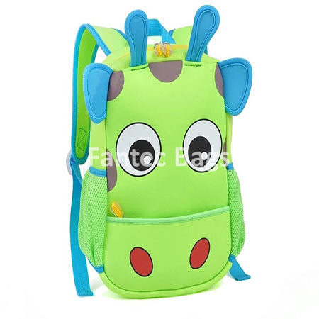 "School backpack styled as a giraffe with bright colors and tall character appeal."