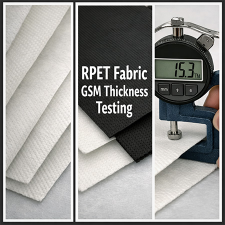 "Testing GSM thickness of RPET fabric using micrometer gauge."