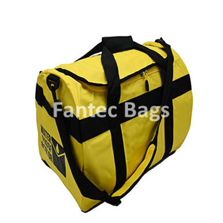 Yellow gym bag with black straps and accents, rectangular shape, zippered top, and side pockets