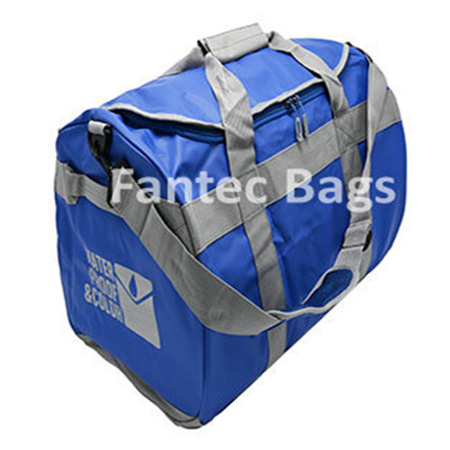 Blue and grey PVC holdall bag with durable straps, zippered compartments, and sporty rectangular design
