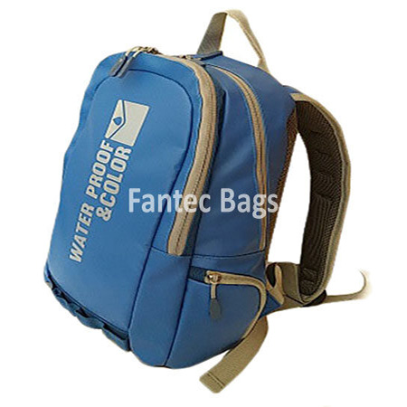 Blue and grey PVC waterproof backpack with padded straps, multiple compartments, and printed text “Water Proof & Color”