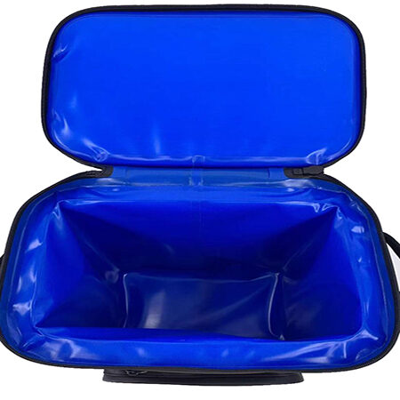 "Open PVC cooler backpack showing spacious insulated interior with waterproof lining."