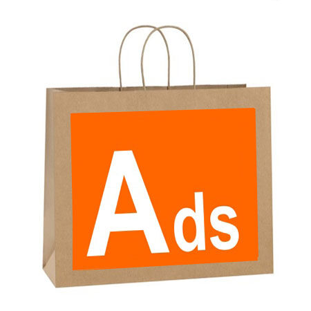 "Brown kraft paper shopping bag with twisted handles and bold orange advertising panel labeled ADS."