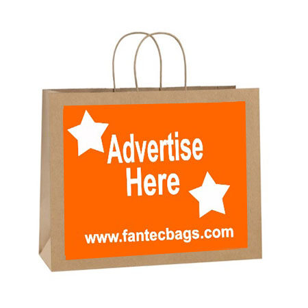 "Brown kraft paper shopping bag with twisted handles and printed advertising panel for promotional branding."