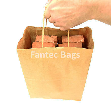 "FantecBags kraft paper bag with twisted handles holding heavy bricks, showcasing durability and strength."