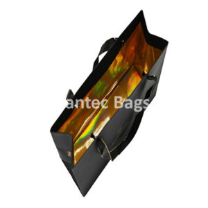 "Upscale kraft shopping bag with matte black exterior and shimmering gold foil interior, photographed from inside view."