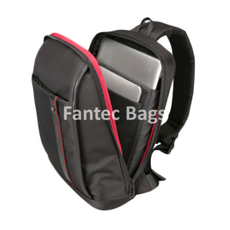 "Modern black nylon backpack with red accents, designed for laptops and tablets, durable and water resistant."