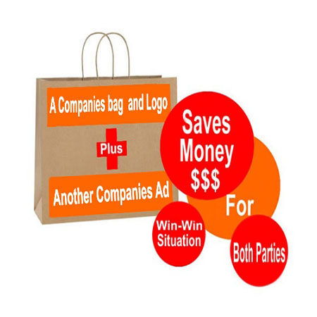 "FantecBags kraft paper bag featuring multiple company advertisements and promotional panels for cross selling collaboration."