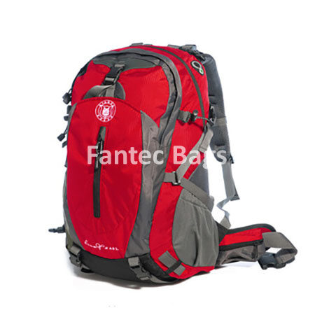 "Durable polyester red backpack with multiple compartments and adjustable straps, designed for hiking, travel, and everyday use."
