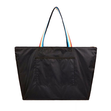 "Durable black polyester tote bag with colorful striped handles and front pocket, designed for everyday use."