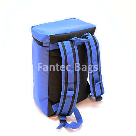 Rear view of blue and black ice backpack with padded straps, adjustable buckles, and box style design