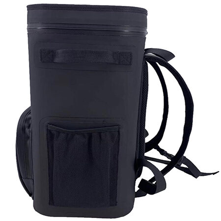 "Tall black PVC backpack with rigid structure, mesh side pocket, and waterproof finish, shown from side view."