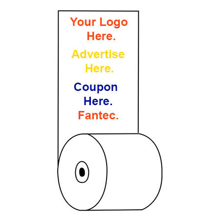 "Thermal paper roll printed with promotional sections labeled Your Logo Here, Advertise Here, and Coupon Here for marketing use."