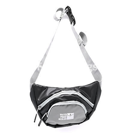 Black and grey utility pouch with waterproof PVC material, adjustable strap, and multiple compartments
