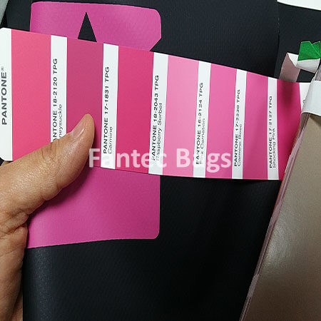 "Pantone swatches compared against waterproof PVC bag to confirm shade accuracy."