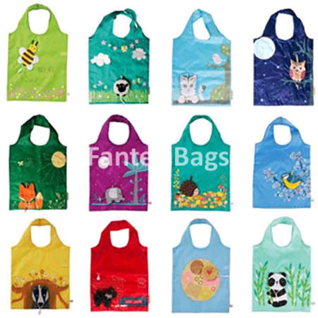 Collection of twelve nylon shopping bags with animal and nature themed prints