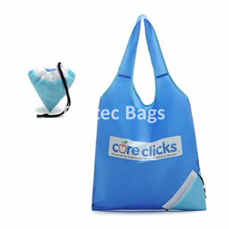 blue polyester tote folded into pouch