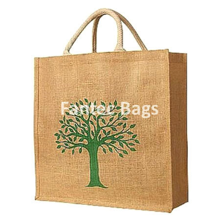 Jute tote bag with rope handles and printed green tree design