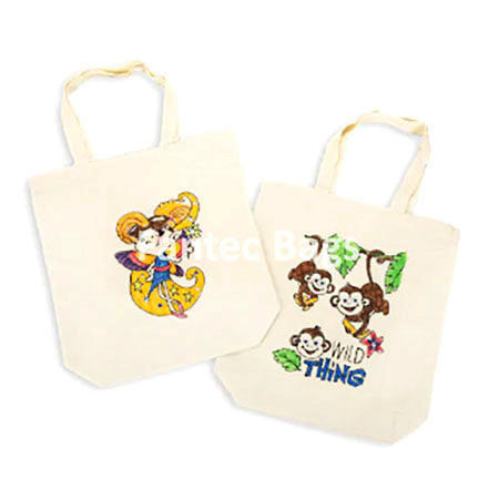 "Cartoon monkey illustrations printed on recycled tote tag."
