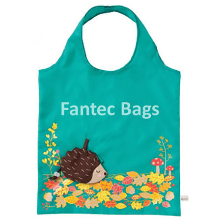 Turquoise polyester tote with hedgehog and autumn leaf design