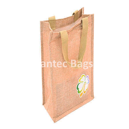 Rectangular jute tote bag with green, yellow, and white flower design near bottom corner