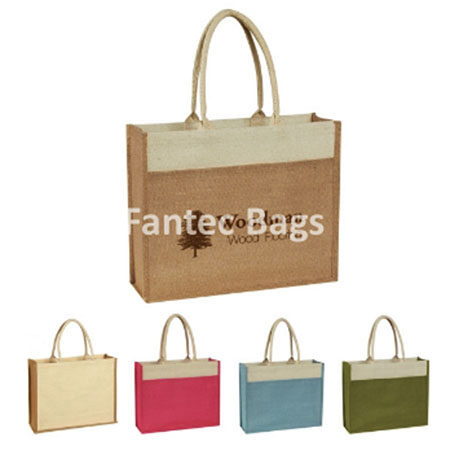 Set of five jute tote bags with rope handles and contrasting top panels in beige, pink, blue, olive, and brown