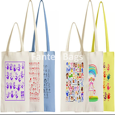 "Children’s drawings printed on recycled cotton tote tag."