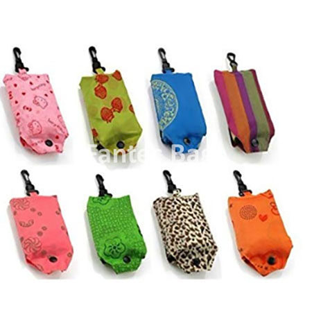 Set of eight foldable polyester shopping bags with clips and assorted colorful designs