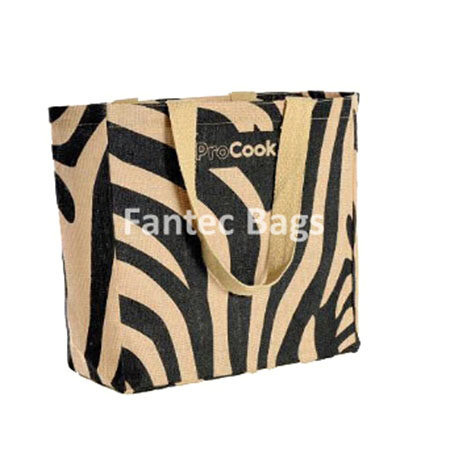 Rectangular tote bag with zebra stripe design and beige handles